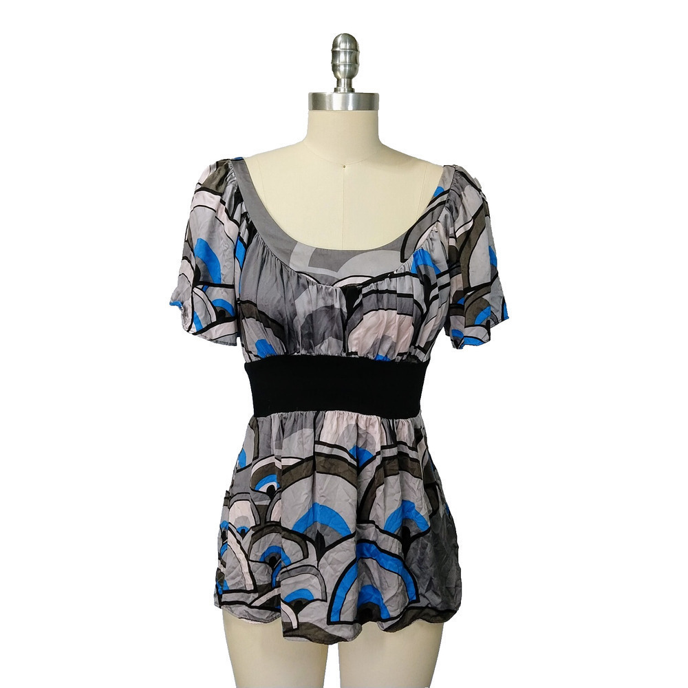 Vintage 00s Milkmaid Top Size S 100% Silk Hype Trashy Y2K Short Sleeve Blue Gray